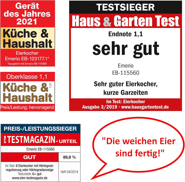 EMERIO sprechender Eierkocher SIEGER Preis/Leistung NEUHEIT kocht alle drei Garstufen [weich|mittel|