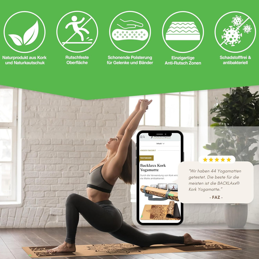 BACKLAXX ® Yogamatte Kork mit Naturkautschuk - FAZ Testsieger 02/2026 - Yoga Matte nachhaltig, schad