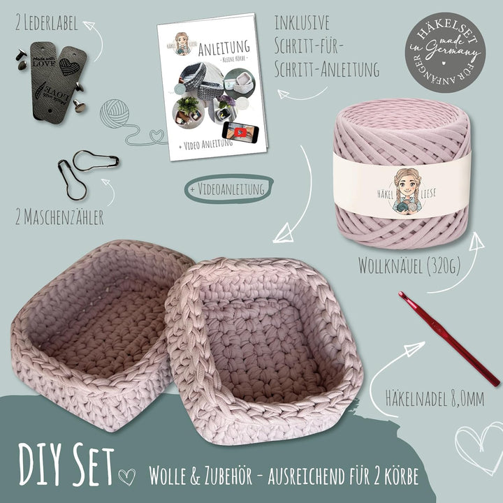 HÄKEL LIESE Häkelset für Anfänger - Kleiner Korb, Textilgarn, Crochet Set, DIY Set für Erwachsene, K