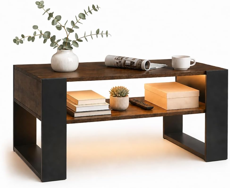 LED Couchtisch mit Stauraum, Wohnzimmertisch mit 2 Ebenen, moderner Sofatisch aus Holz, Beistelltisc