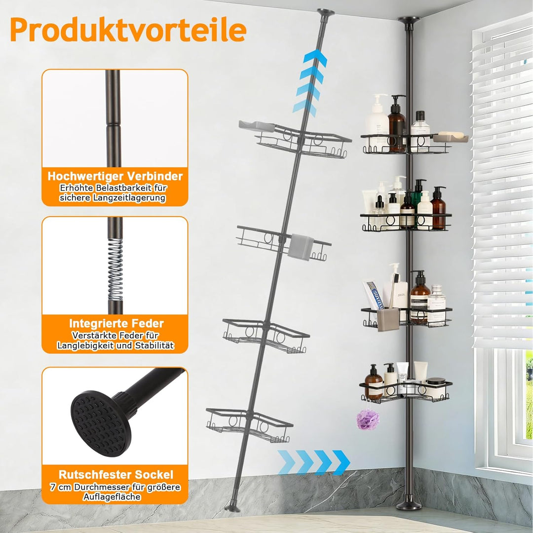Duschregal Teleskop ohne Bohren, Teleskop Duschregal – Bathroom Organizer mit 4 Ablagen & Haken, 77.