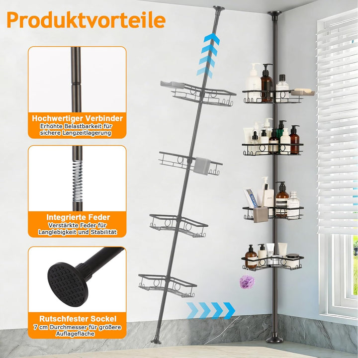 Duschregal Teleskop ohne Bohren, Teleskop Duschregal – Bathroom Organizer mit 4 Ablagen & Haken, 77.
