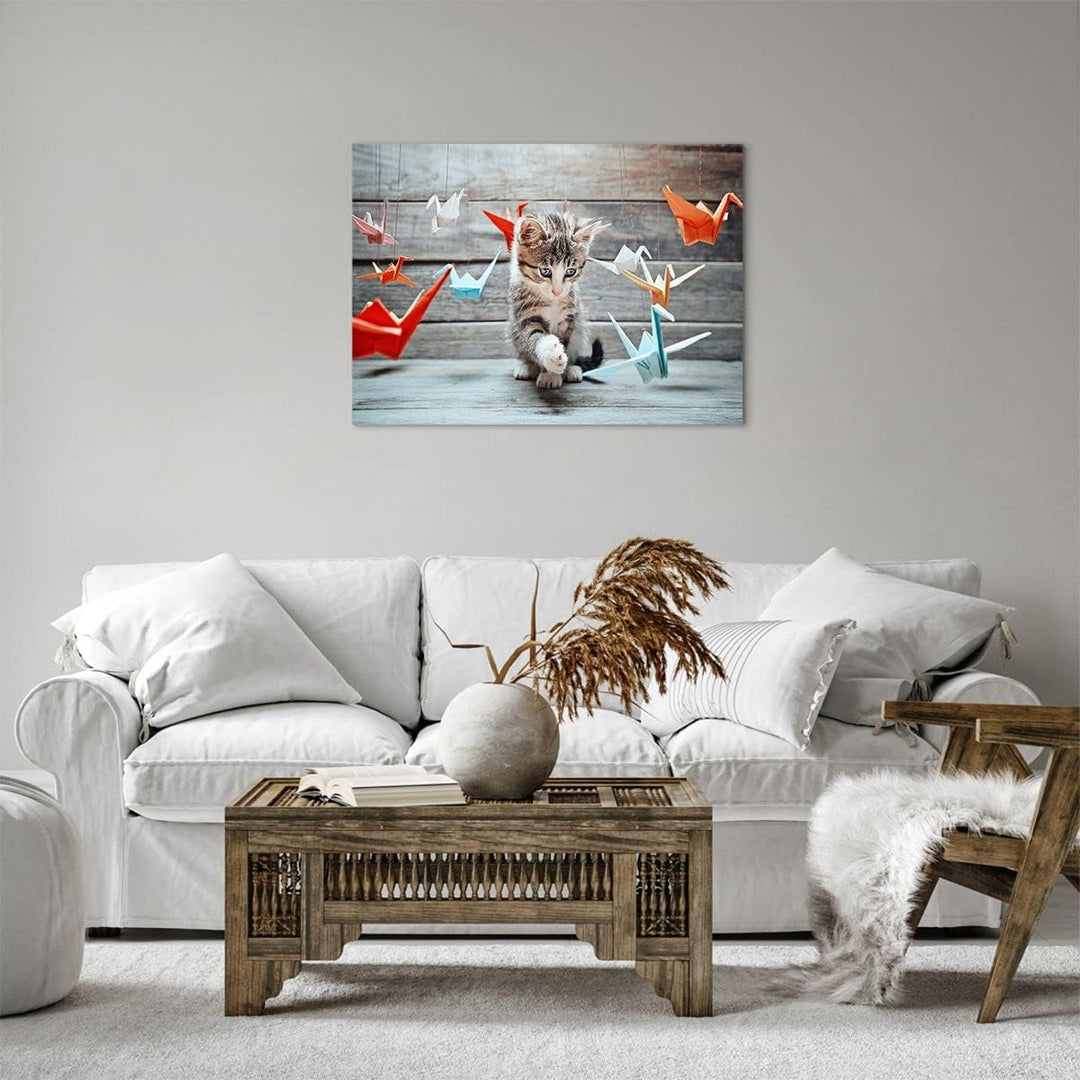 Bilder auf Leinwand Katze spass origami Leinwandbild mit Rahmen 70x50cm Wandbilder Dekoration Wohnzi