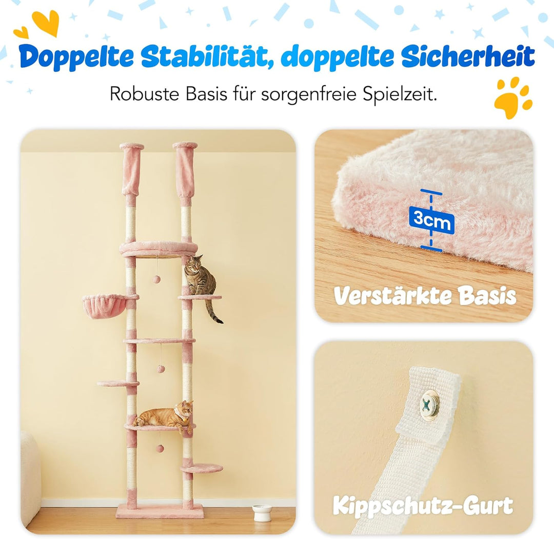 Deckenhoher Katzenbaum 234-259 cm höhenverstellbar, 2-Säulen-Design mit 12 Sisal-Pfosten, mehrstöcki