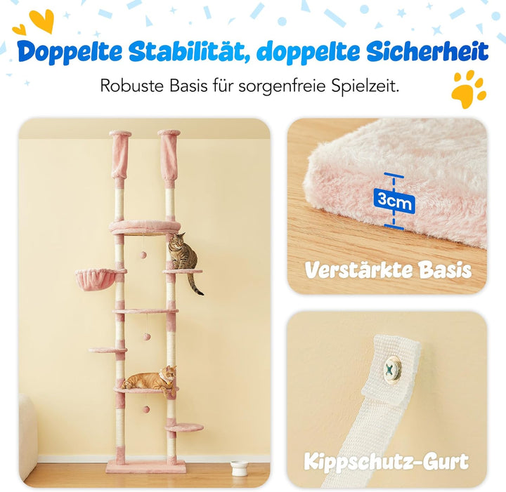 Deckenhoher Katzenbaum 234-259 cm höhenverstellbar, 2-Säulen-Design mit 12 Sisal-Pfosten, mehrstöcki
