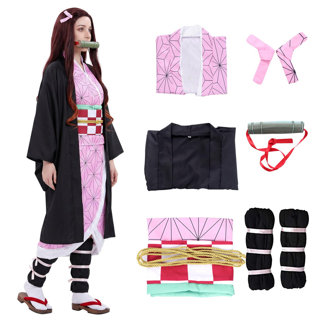 Formemory Nezuko Cosplay Kostüm Anzug Herren 8PCS Nezuko Kimetsu no Yaiba Kimono Halloween Anime kos