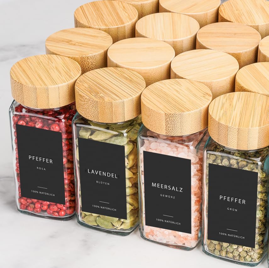Happy Lemuro Gewürzgläser mit Streueinsatz [24 x 120 ml] 303 Etiketten auf Deutsch | Gewürzbehälter