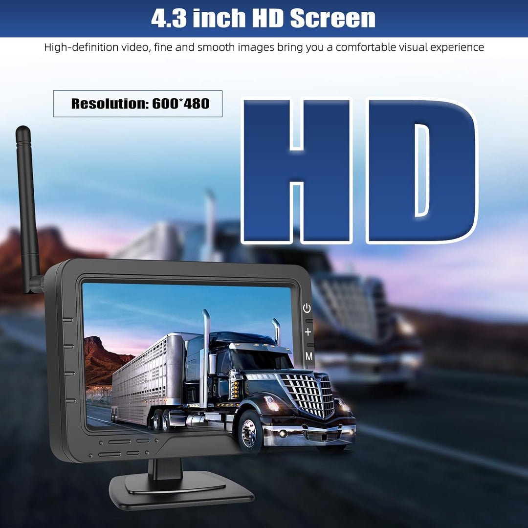 CAMECHO HD Rarückfahrkamera kabellos 4,3 Zoll Wireless-Übertragung, IP68-Wasserdichtigkeit, Infrarot