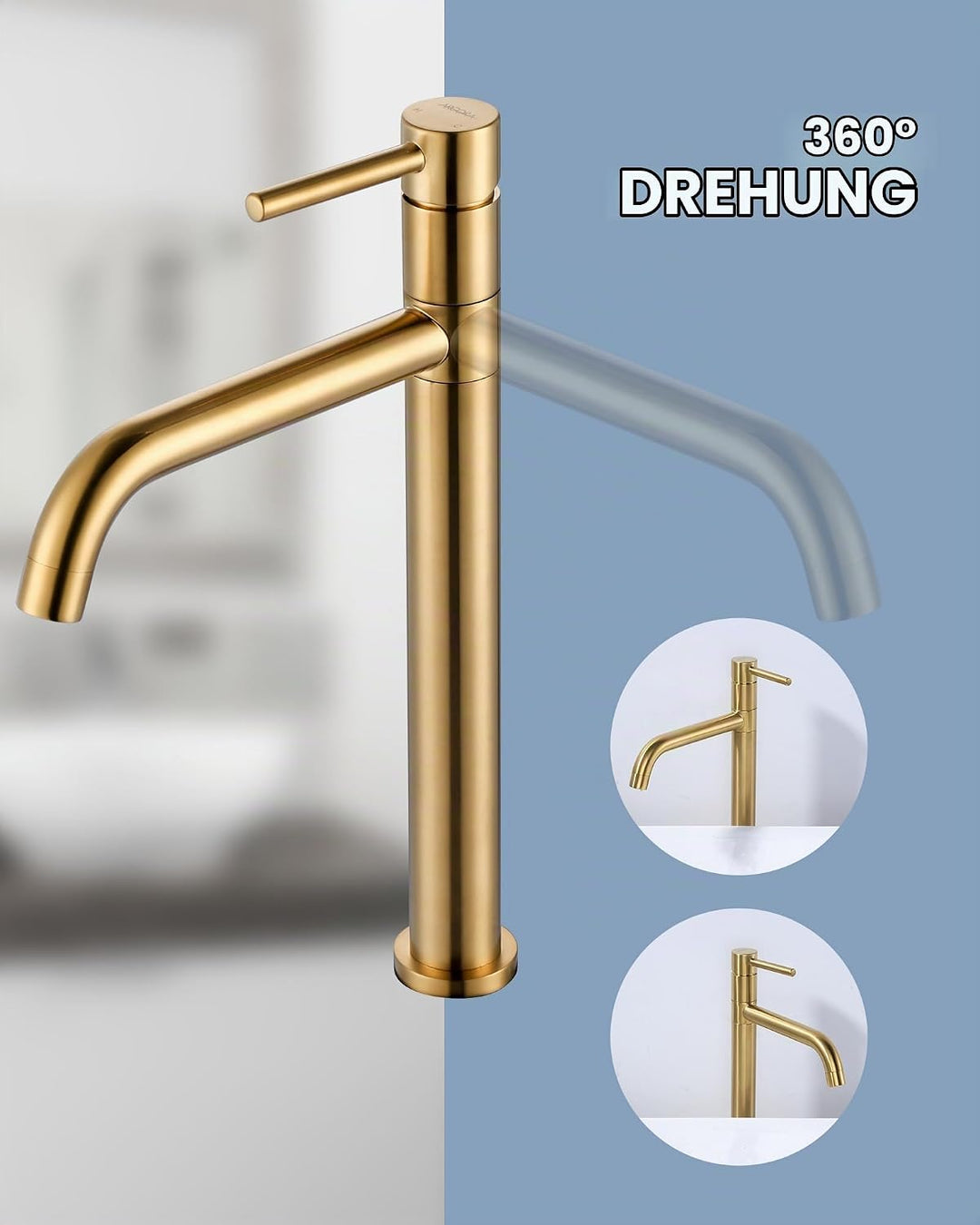 ARCORA Wasserhahn Bad,Hochdruck Waschtischarmatur Hoch aus Kupfer 360° Schwenkbar mit Auslauf Höhe 2