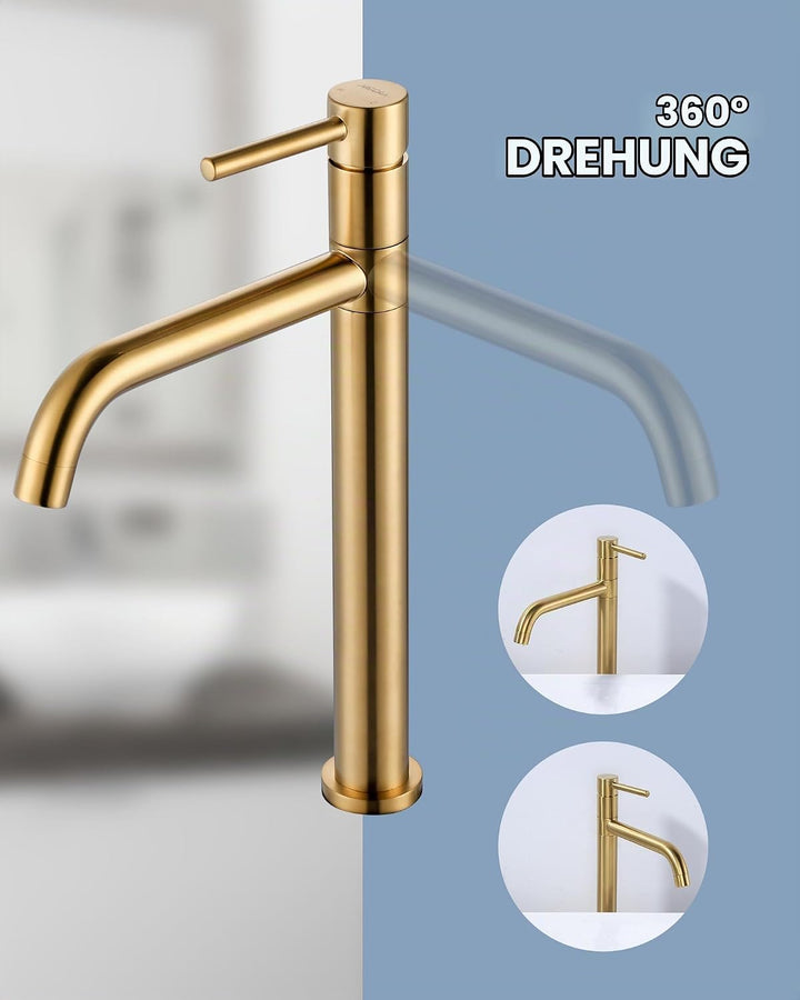 ARCORA Wasserhahn Bad,Hochdruck Waschtischarmatur Hoch aus Kupfer 360° Schwenkbar mit Auslauf Höhe 2