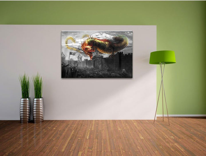 Pixxprint chinesischer Drache über der Festung B&W Detail, Format: 100x70 auf Leinwand, 100x70