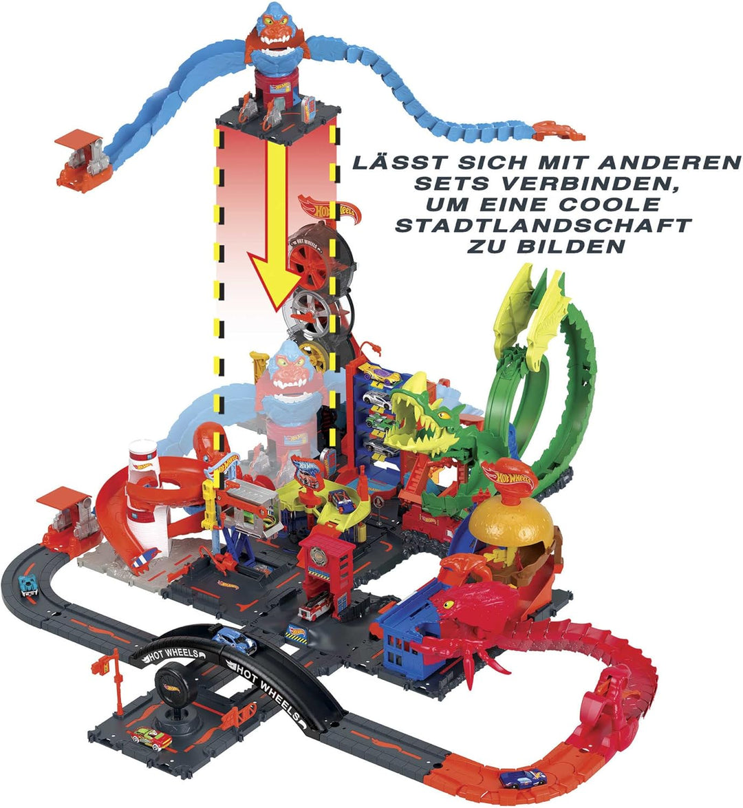 Hot Wheels HDR30 - Gorilla-Angriff mit 1 Auto, mit anderen Sets verbindbar, Set mit Tankstelle, Auto