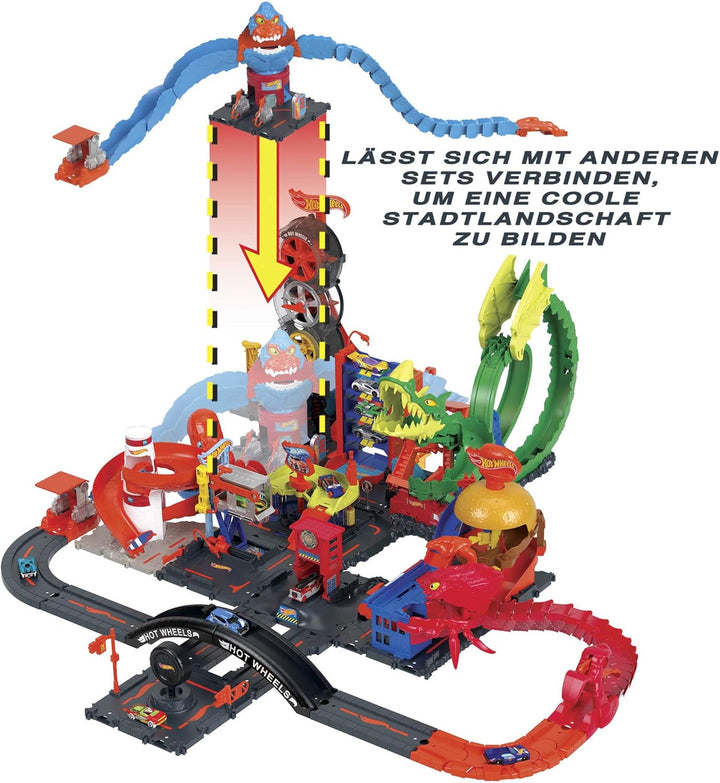 Hot Wheels HDR30 - Gorilla-Angriff mit 1 Auto, mit anderen Sets verbindbar, Set mit Tankstelle, Auto