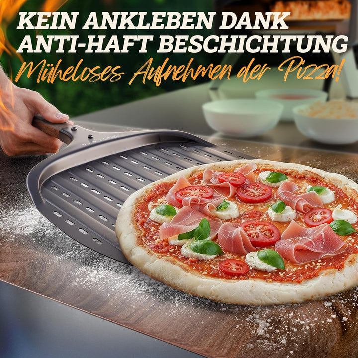 Pizzaschieber [32 x 32 x 62cm] Pizzaschaufel aus schwarzem Aluminium & Griff aus FSC-Akazienholz – K