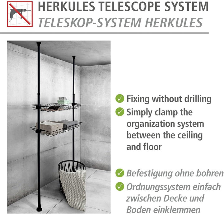 WENKO Teleskop-System Herkules Duo, verstellbares Ordnungssystem, 3 Kleiderstangen & Korb Herkules,
