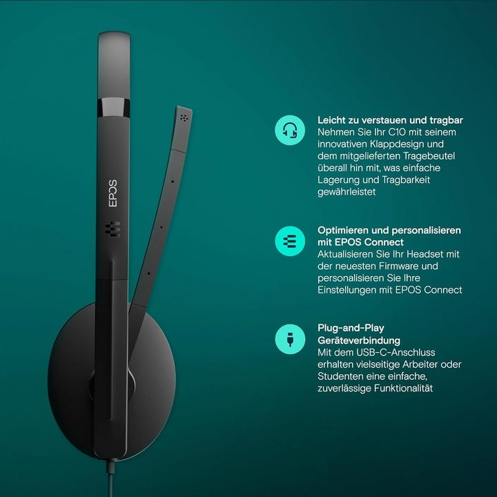 EPOS I SENNHEISER C10 USB Headset mit Mikrofon, Kabelgebundene Kopfhörer mit einfachem und flexiblem