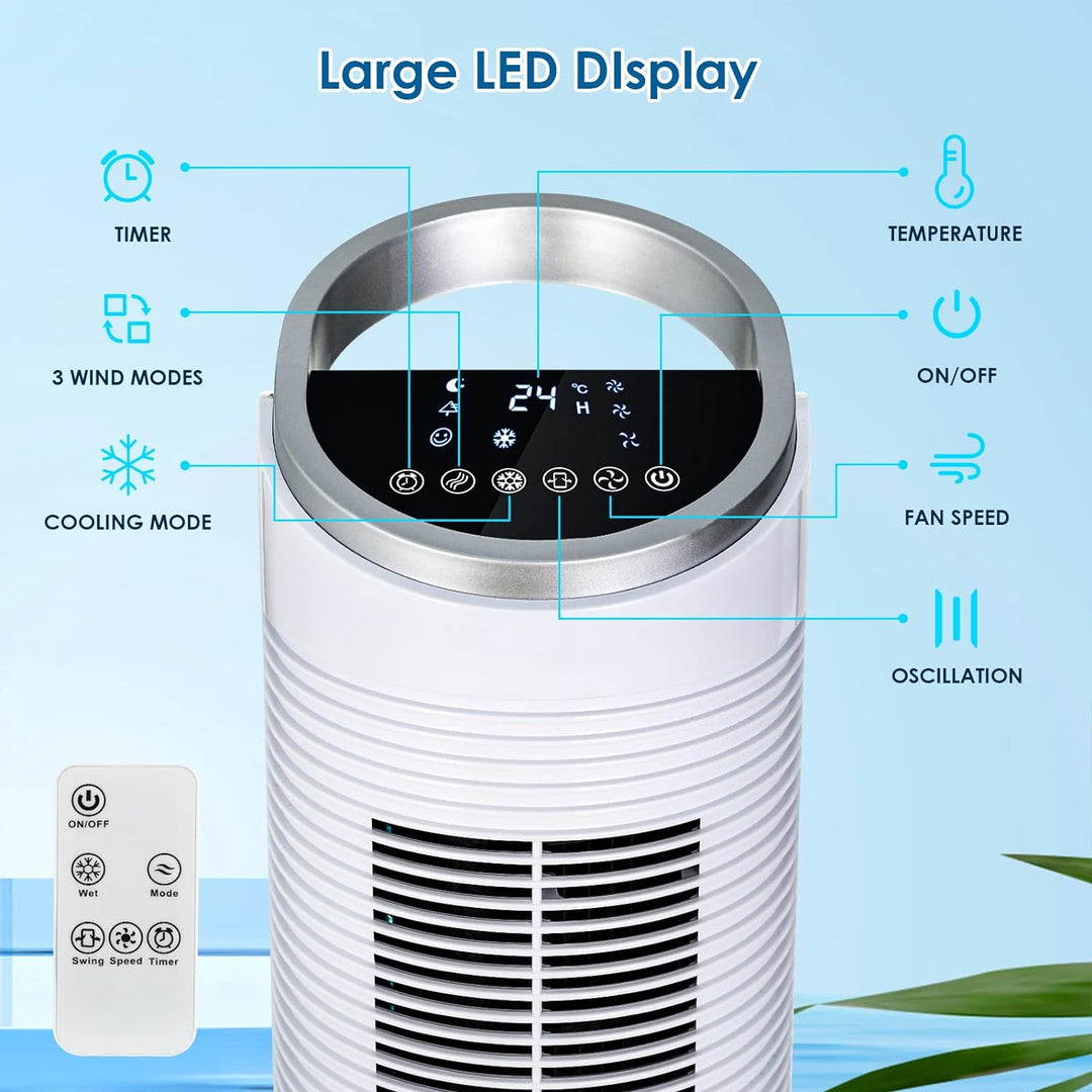 101CM Turmventilator mit Fernbedienung und Wasserkühlung, 52° Oszillation, 8 Stunden Timer Befeuchtu