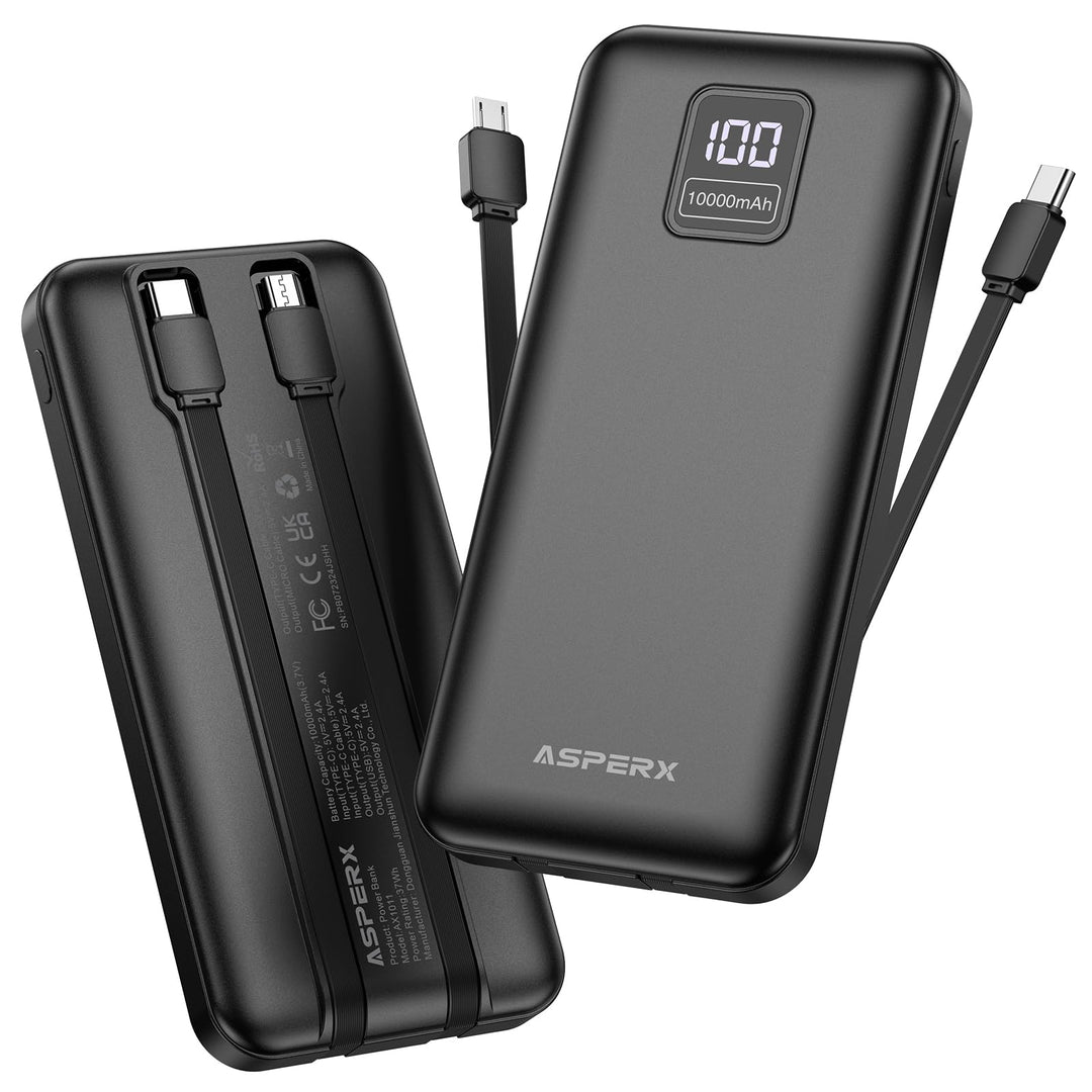 AsperX 2er Powerbank 10000mAh mit USB-C Kabel,4 Ausgängen Schnellladen,Power Bank Klein Aber Stark m