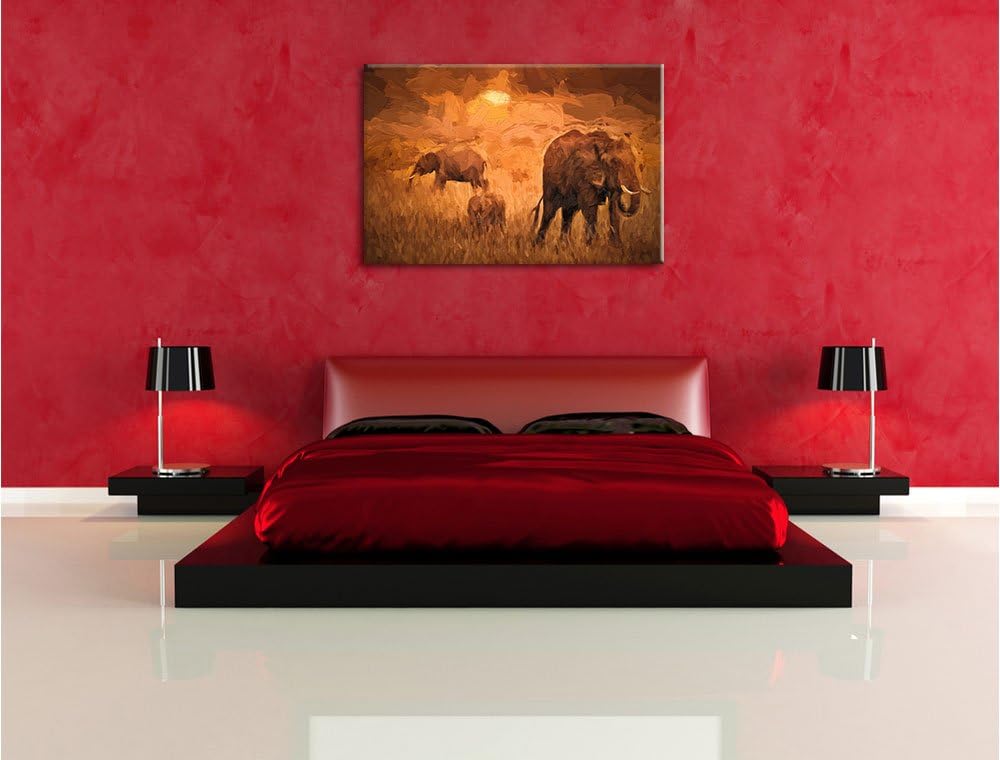 Pixxprint Elefanten in der Savanne / 100x70cm Leinwandbild bespannt auf Holzrahmen/Wandbild Kunstdru