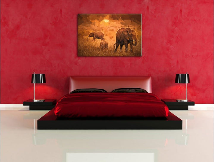 Pixxprint Elefanten in der Savanne / 100x70cm Leinwandbild bespannt auf Holzrahmen/Wandbild Kunstdru