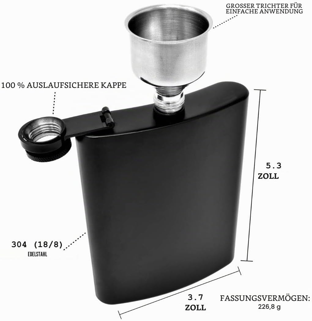 IDALIO Edelstahl Flachmann Für Spirituosen, 24 cl, Schwarz Matt Schwarz Scharnier, Auslaufsicher Mit