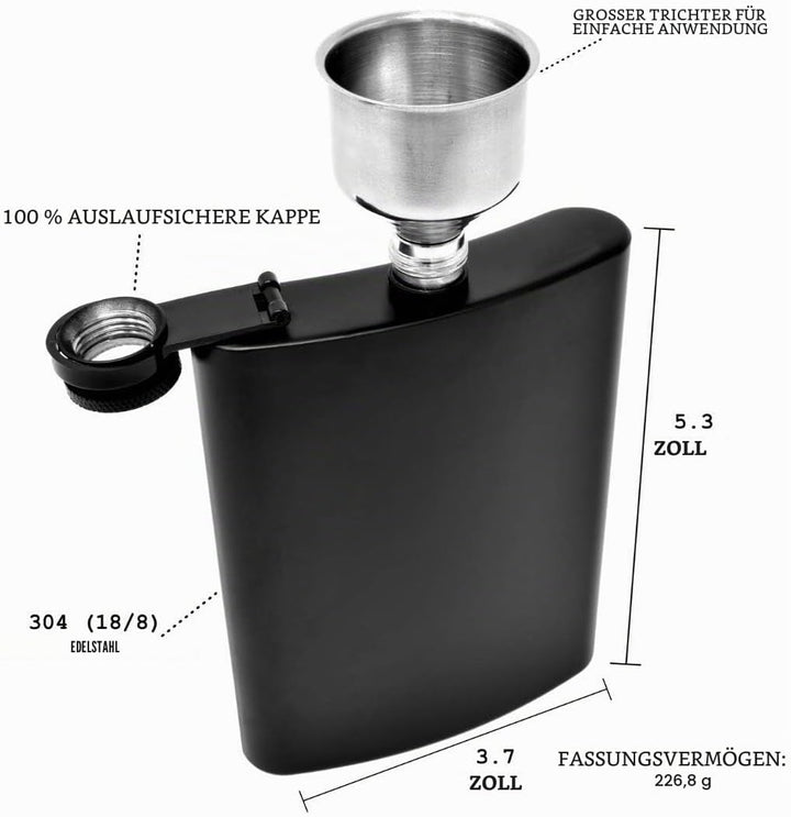 IDALIO Edelstahl Flachmann Für Spirituosen, 24 cl, Schwarz Matt Schwarz Scharnier, Auslaufsicher Mit