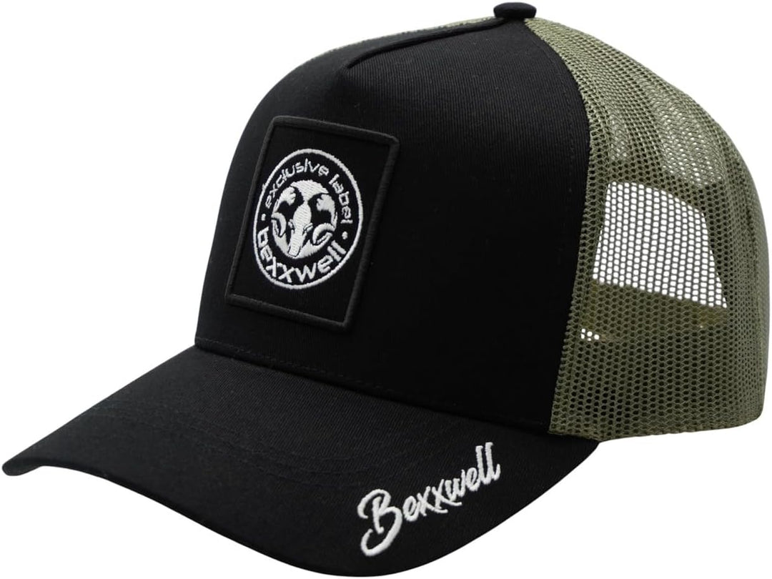 Bexxwell Trucker Cap schwarz mit Logo-Patch (optimale Passform, Kappe, Black, Truckercap, Logo, Cap,