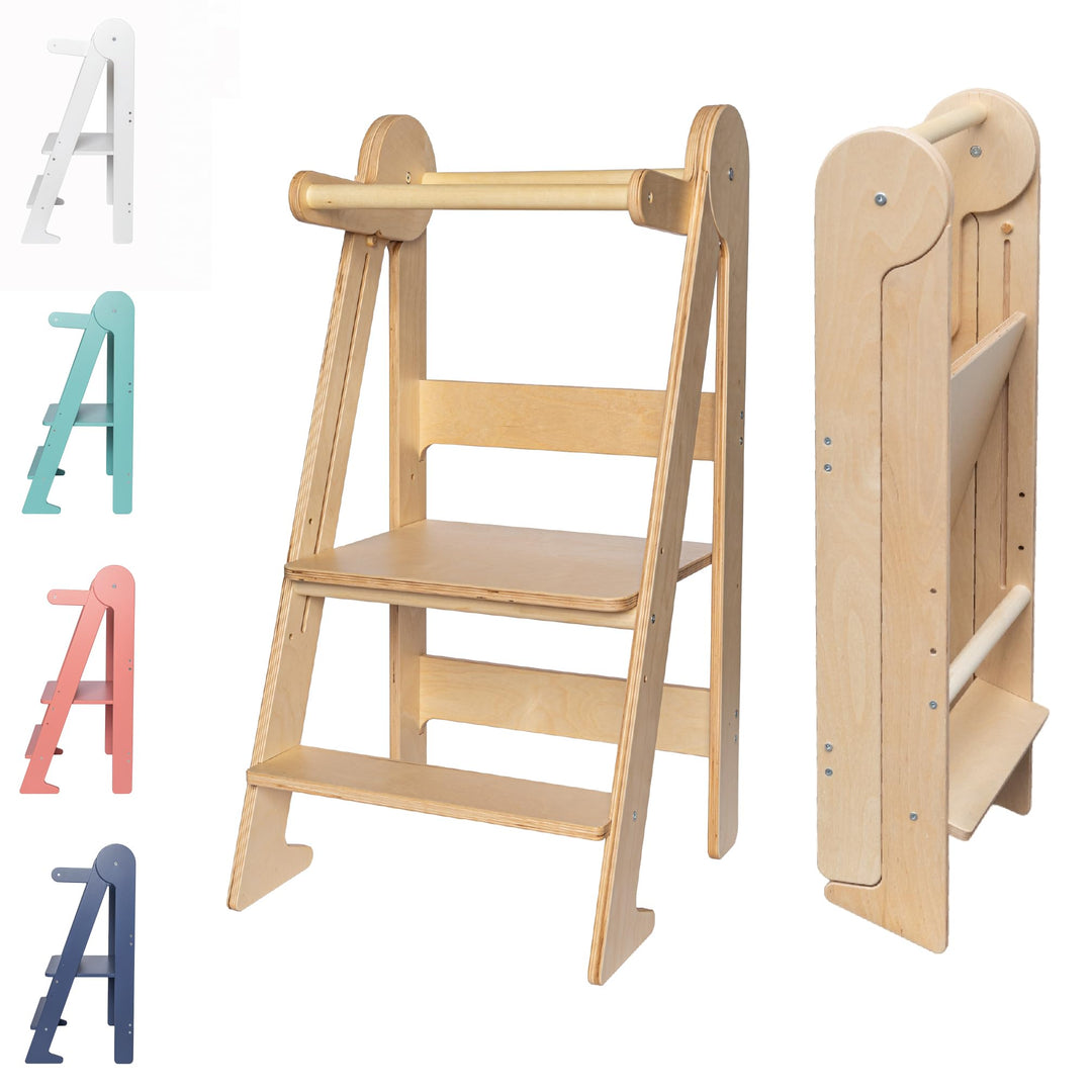 TOYBOX Montessori Kleinkind-Turm & faltbarer Holz Tritthocker - Faltbare Küchenhilfe für Kleinkinder