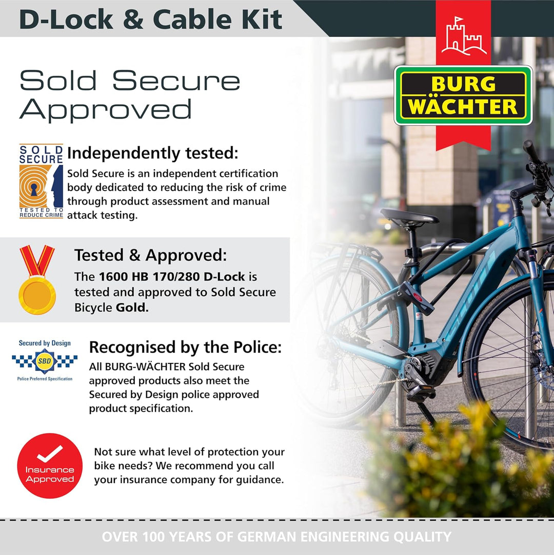 Burg Wächter 1600HB 1600 HB KIT Gold Sold Secure Fahrrad-D-Schloss, schwarz, grosses 2,1 m langes Ka