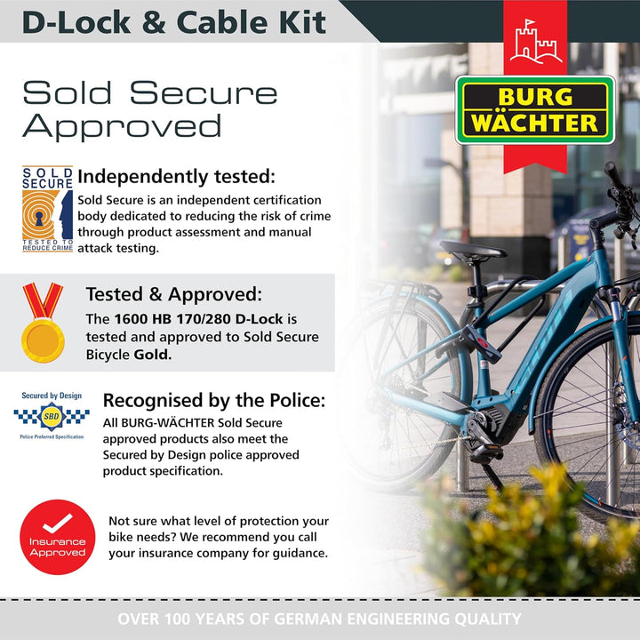 Burg Wächter 1600HB 1600 HB KIT Gold Sold Secure Fahrrad-D-Schloss, schwarz, grosses 2,1 m langes Ka