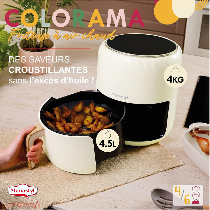 MENASTYL - Fritteuse ohne Heissluftöl Colorama – Creme – ohne PFAS – 4,5 l – 8 Programme – Temperatu