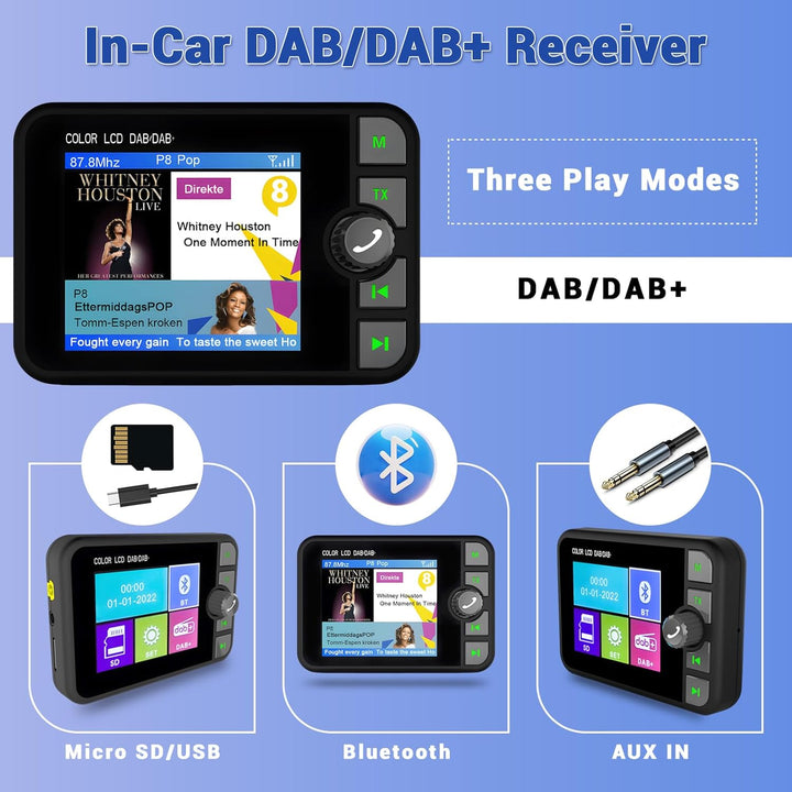 Digitalradio DAB DAB+ Adapter für Autoradio, 2,4 Zoll LCD Display mit Musik Bluetooth + DAB/FM Trans