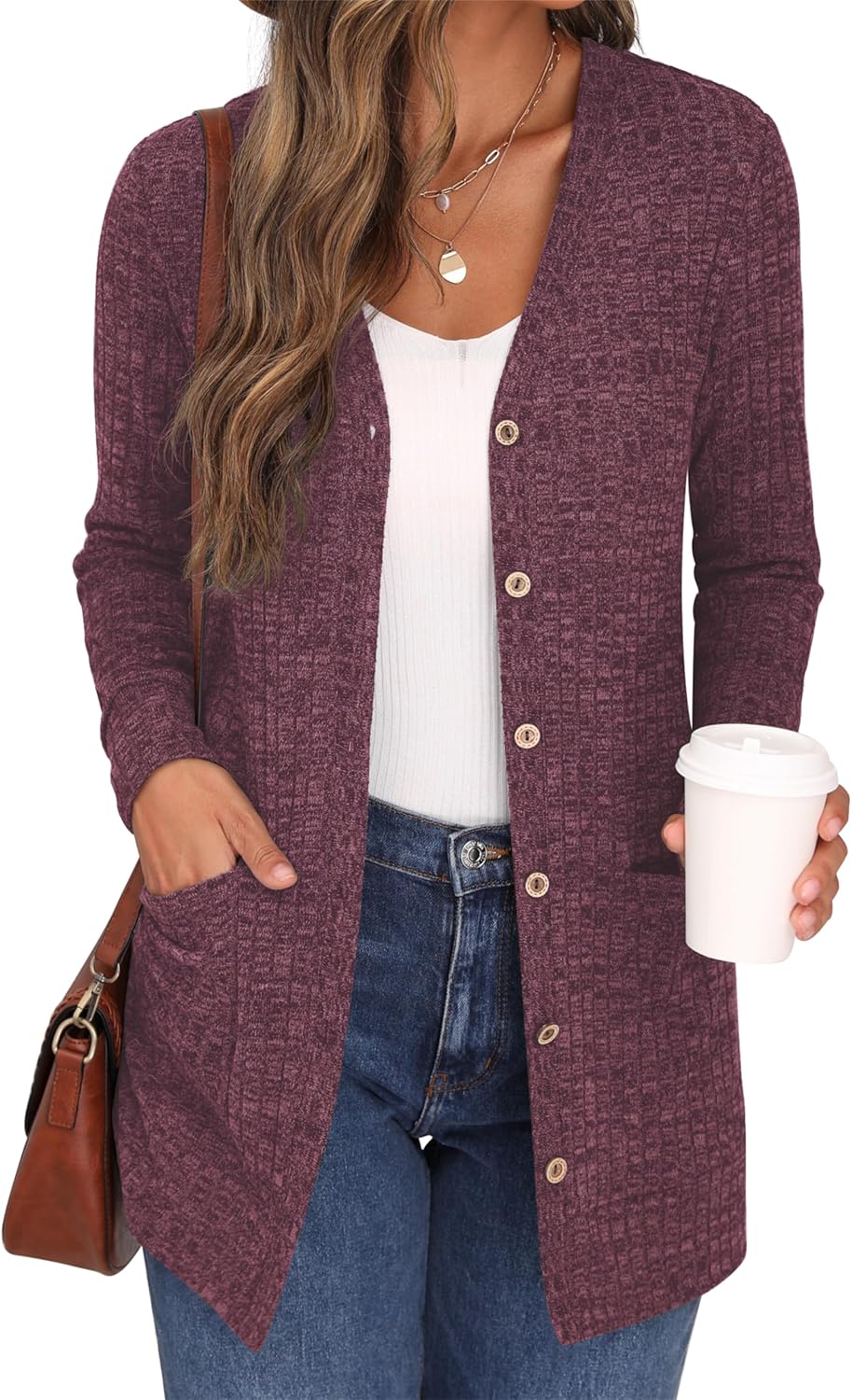 GRECERELLE Damen Leichte Strickjacke Lang mit Taschen und Knöpfen Long Elegant Cardigan V-Ausschnitt