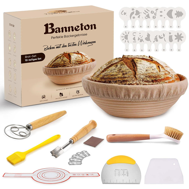 Kixiyou 10-teilig Gärkorb Brot Set, 23 cm Gärkorb rund und Komplettset Backzubehör, Gärkörbchen für