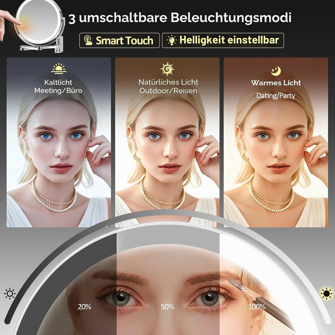 Wandmontierter Make-up-Spiegel, Vergrösserungsspiegel mit Licht, 20X/1X doppelseitig, höhenverstellb