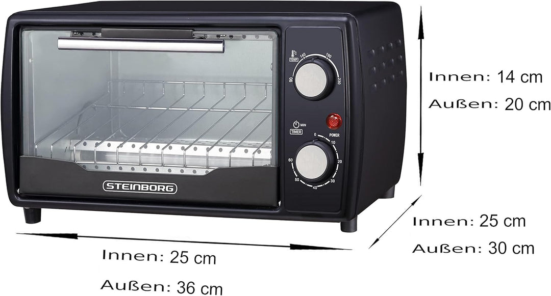 Mini Backofen | 1000 Watt | 10 Liter | inkl. Backblech und Grillrost | Pizzaofen | 90°-230°C | 60 mi