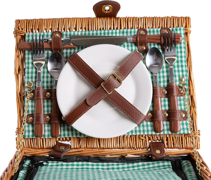 eGenuss Handgefertigtes Picknickkorb für 2 Personen mit abnehmbarem Schultergurt, Kühlfach, Kellnerm