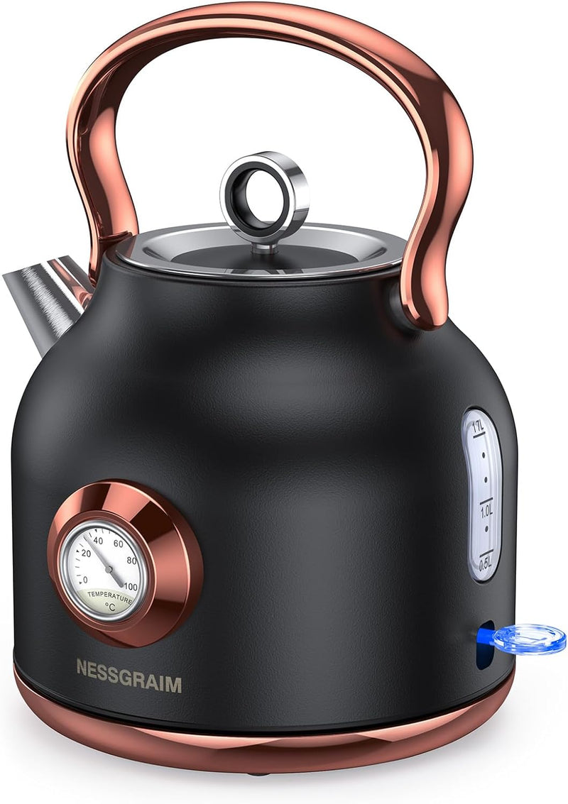 NESSGRAIM Retro Wasserkocher, 1,7 l Edelstahl-Teekessel mit Grosser Temperaturanzeige, 2200W Schnell