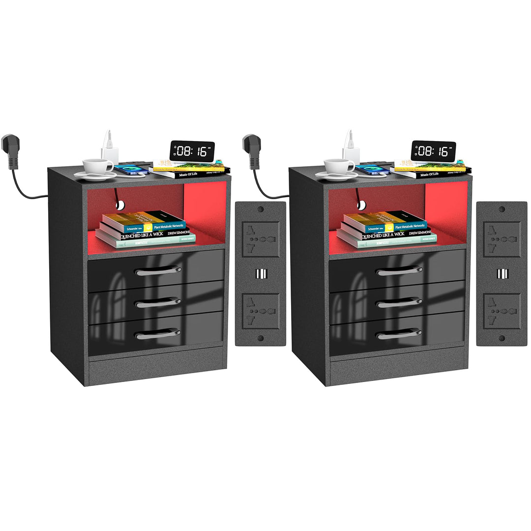 PIPIPOXER 2er Set Nachttisch mit Steckdose & USB, Nachttisch Schwarz Hochglanz, Nachttische mit 3 Sc