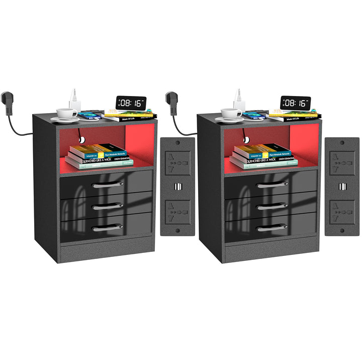 PIPIPOXER 2er Set Nachttisch mit Steckdose & USB, Nachttisch Schwarz Hochglanz, Nachttische mit 3 Sc