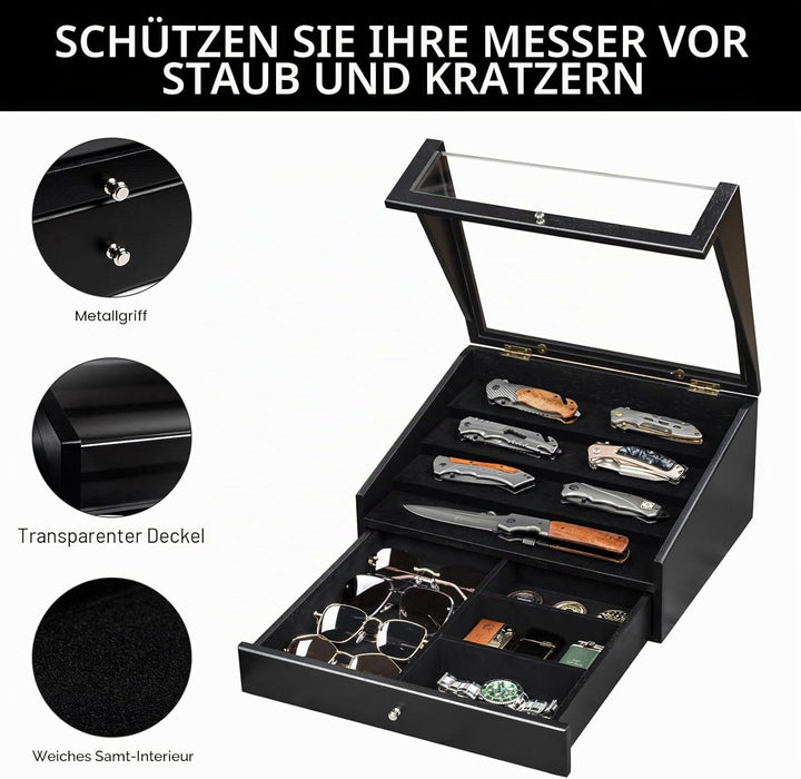 2 Etagen Messerhalter, Holz Messerständer, Messer Vitrine mit Schublade und Hochauflösendem Glas, Sa