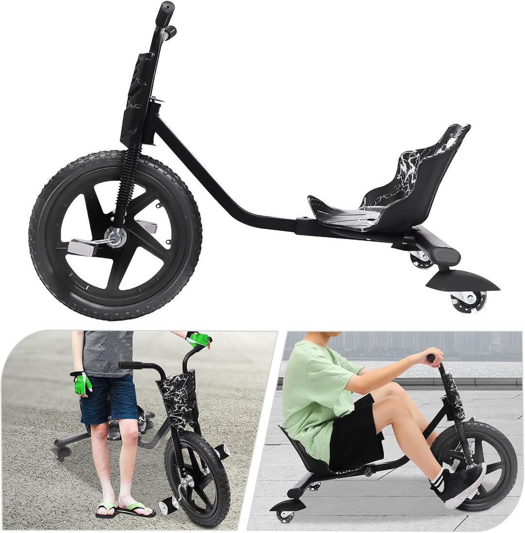 Drift Trike, 360° Drift Cart Tretauto mit Pedale Verstellbarer Schalensitz Schwarzer Blitz ab 6 Jahr
