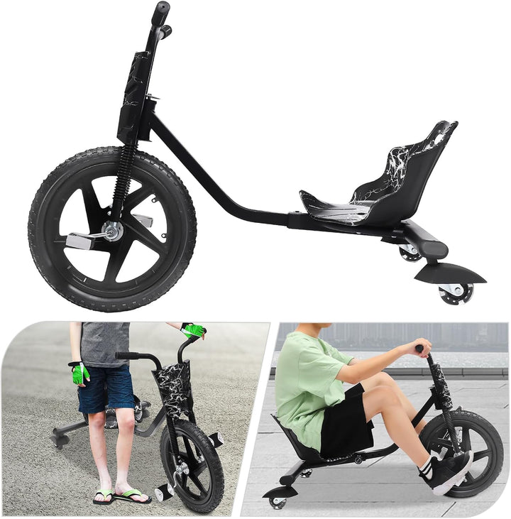 Drift Trike, 360° Drift Cart Tretauto mit Pedale Verstellbarer Schalensitz Schwarzer Blitz ab 6 Jahr