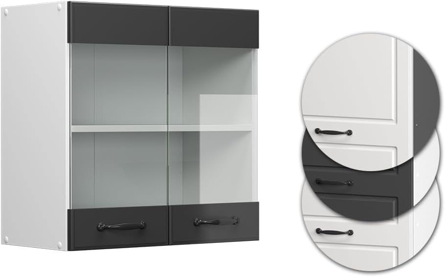 Vicco Küchenschrank Glas R-Line, Anthrazit Landhaus/Weiss, 60 cm Anthrazit Landhaus Hängeglasschrank
