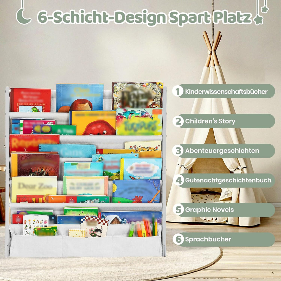 COSYLAND Bücherregal Kinder mit 6 Oxford-Stoff Fächern - Kinderbücherregal aus Naturholz - Bücherreg