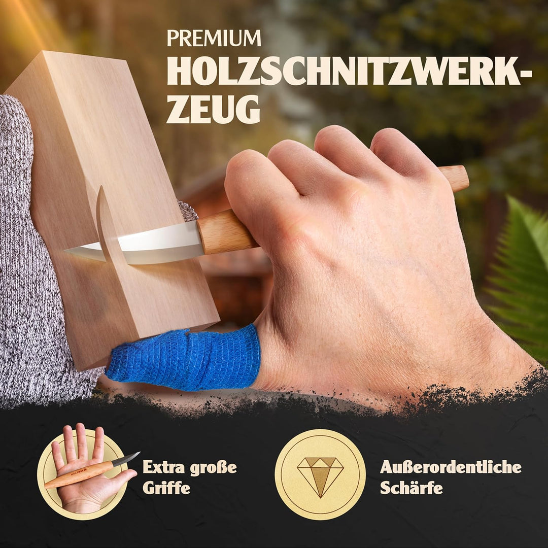 HOLZHELD hochwertiges Schnitzwerkzeug (24 teil.) inkl. 32 S. Anleitung 4 Vorlagen u dt. Schnitzholz