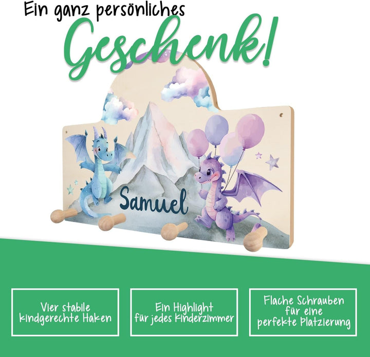 GRAVURZEILE Personalisierte Kindergarderobe - Drache - Personalisiert mit Name - Garderobe aus Holz