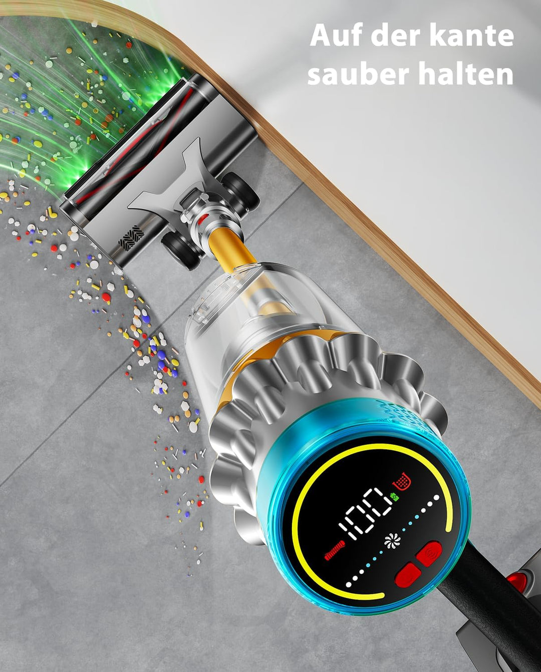 Akku Staubsauger, 50kPa/650W/70Min Staubsauger Kabellos,mit OLED-Display und 1,8-Liter-Behälter, Lei