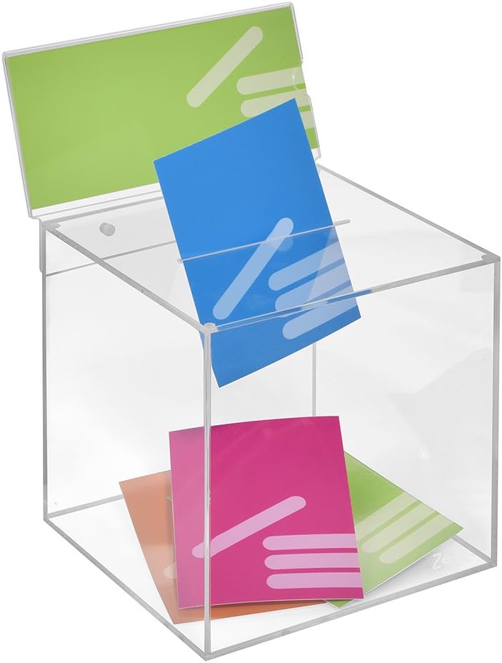 Losbox aus Acrylglas in 200x200x200mm mit Topschild DIN Lang Quer - Zeigis® / Spendenbox/Aktionsbox/