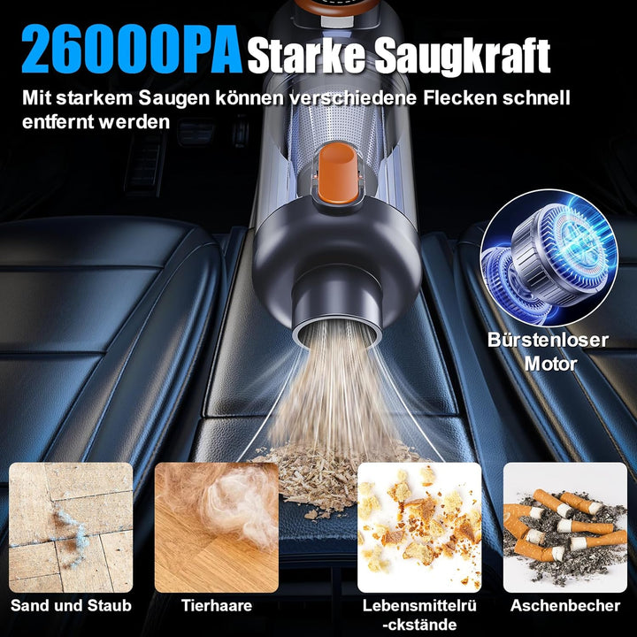 Handstaubsauger, 26000 Pa Akku Staubsauger Kabellos, One-Touch Staubentleerung, Bürstenloser Motor,